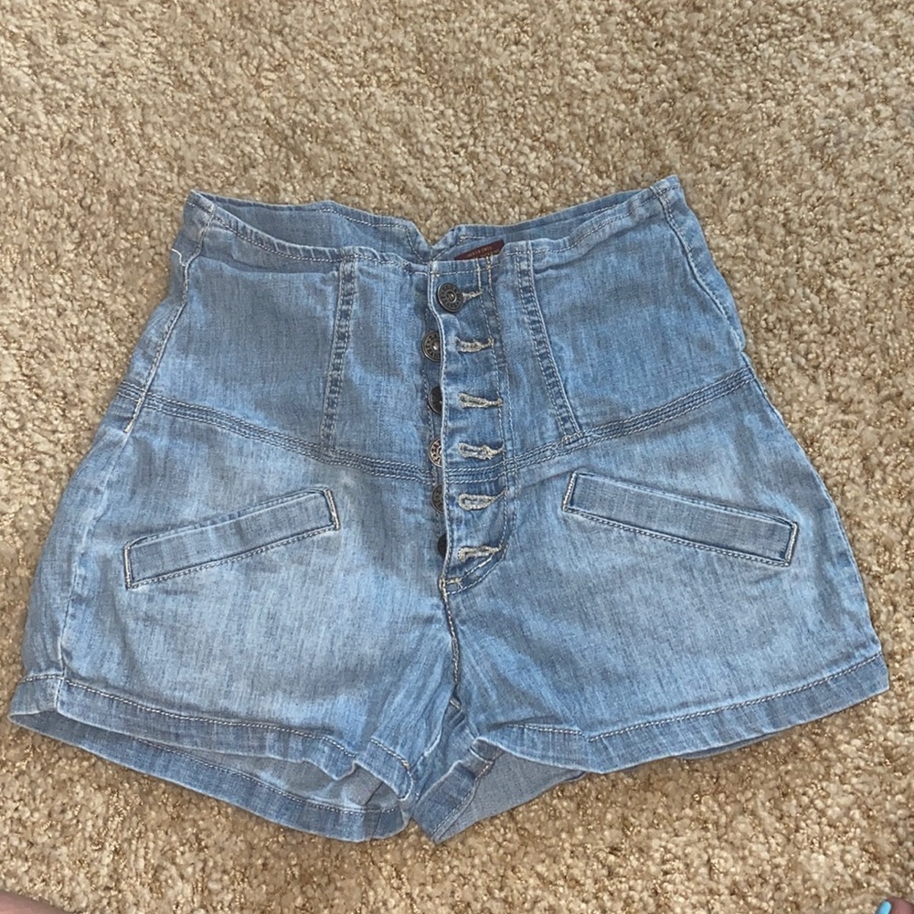 High waisted light blue booty shorts